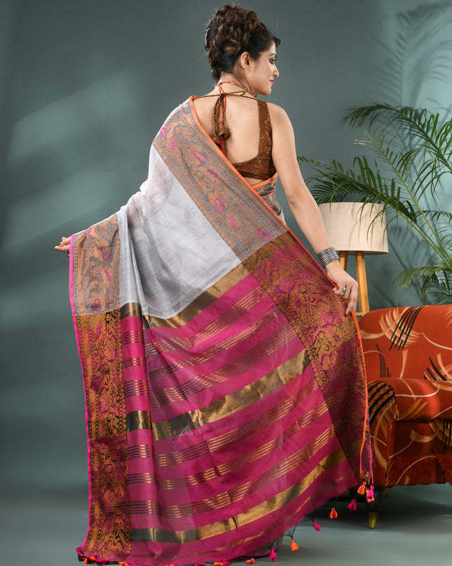 Pure Silk Kanjivaram Handloom Cotton Mine Rajoshree Designer Saree With Blouse Piece - Grey Pink