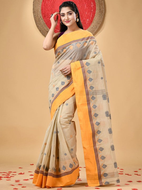 DESH BIDESH Women Woven Design Pure Cotton Handloom Taant Saree for Festive Occasions
