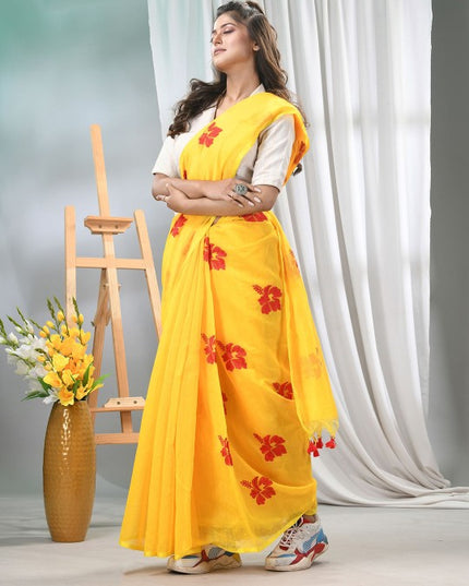 DESH BIDESH Floral Embroidered Silk Cotton Saree with No Border