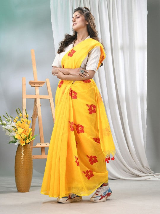 DESH BIDESH Floral Embroidered Silk Cotton Saree with No Border
