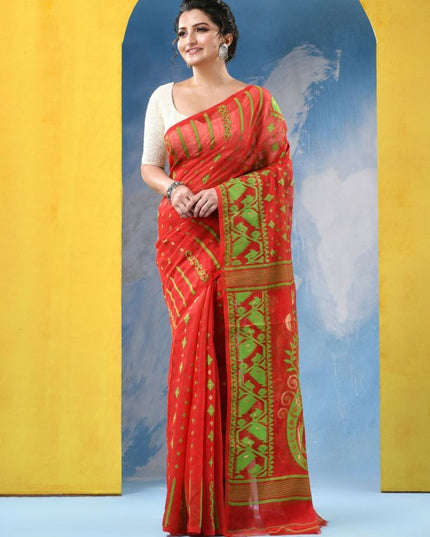 DESH BIDESH Floral Jamdani Saree: Elegant Red Green Woven Design Traditional Wear