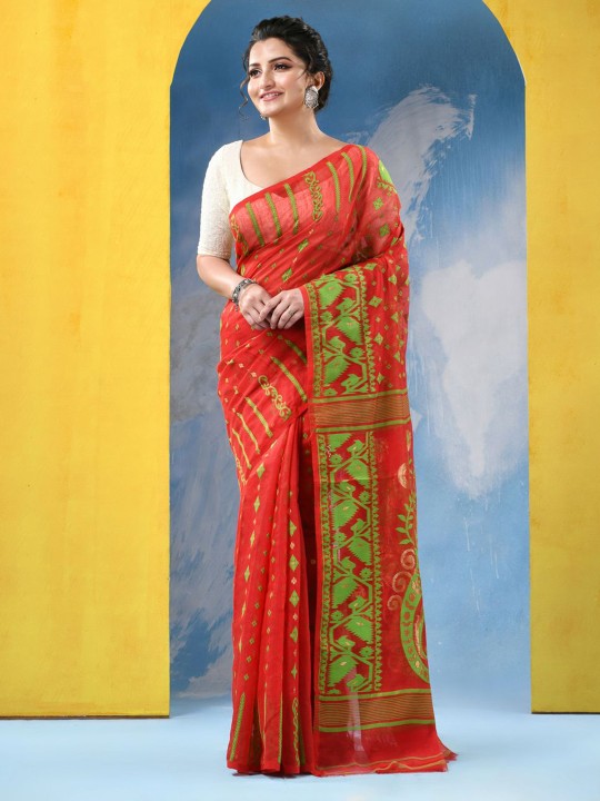 DESH BIDESH Floral Jamdani Saree: Elegant Red Green Woven Design Traditional Wear