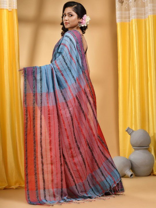 Elegant Blue & Red Woven Design Pure Cotton Saree for Women