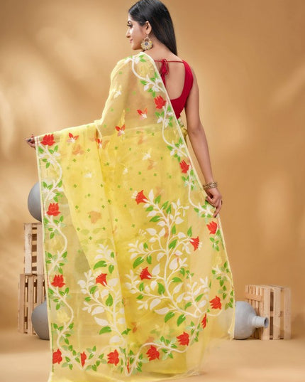 Exquisite Floral Woven Pure Cotton Jamdani Saree with Elegant Design Border