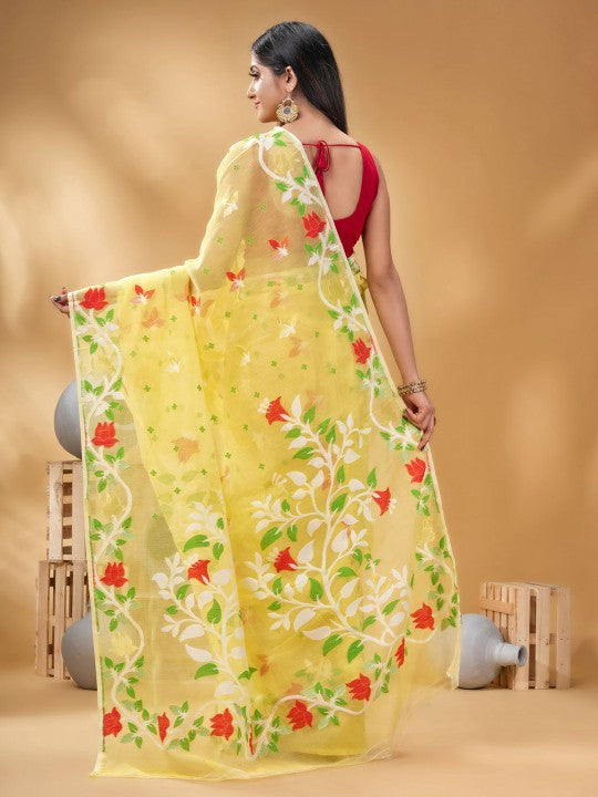 Exquisite Floral Woven Pure Cotton Jamdani Saree with Elegant Design Border