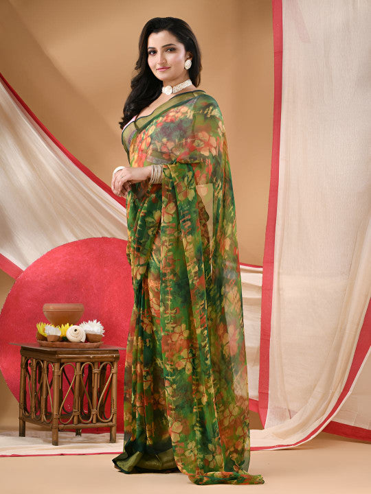 DESH BIDESH Noor E Zari Floral Printed Zari Bandhani Saree