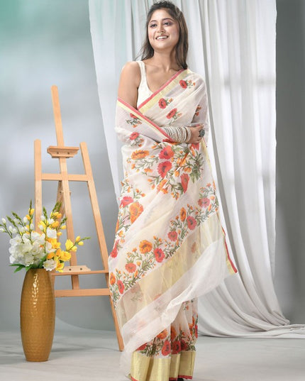 DESH BIDESH Elegant Floral Printed Saree with Solid Border and Unstitched Blouse