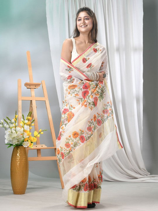 DESH BIDESH Elegant Floral Printed Saree with Solid Border and Unstitched Blouse