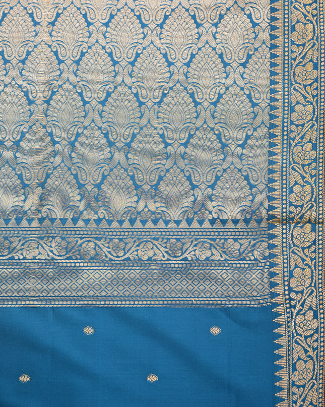 Soft silk sea blue saree with rich jacquard patterns for festive occasions.