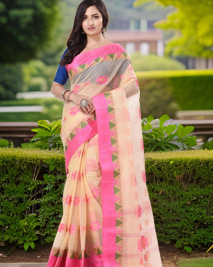 DESH BIDESH Floral Zari Pure Cotton Taant Saree - Sarees for Women