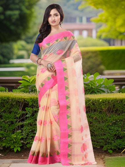DESH BIDESH Floral Zari Pure Cotton Taant Saree - Sarees for Women