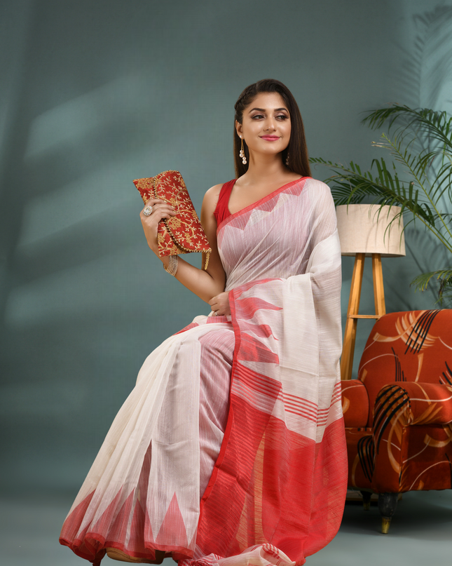Women's Traditional Bengali Handloom Tant Pure Cotton Saree with Blouse Piece Temple Par Design