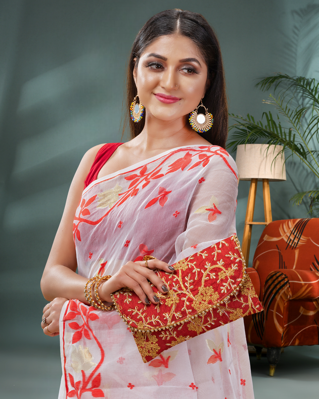 Women’s Kaveri Flower Design Dhakai Jamdani Bengal Pure Cotton Handloom Saree – Without Blouse Piece