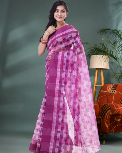 Women’s Bengal Tant Banphul Print Pure Handloom Cotton Saree – Without Blouse Piece