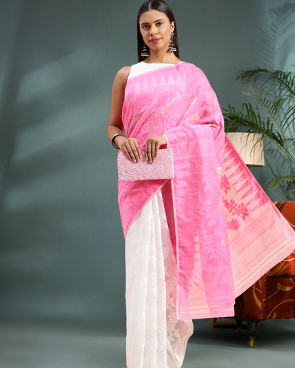 Women’s Bengal Handloom Soft Dhakai Jamdani Cotton Saree – Pink White