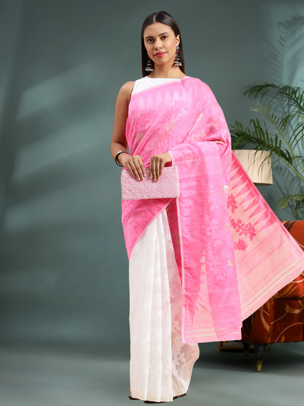 Women’s Bengal Handloom Soft Dhakai Jamdani Cotton Saree – Pink White