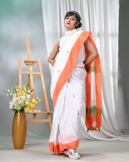 Women's Tri Color Pure Cotton Khadi Handloom Saree Mashal Design with Blouse Piece – Independence Day Special (Orange, White & Green)