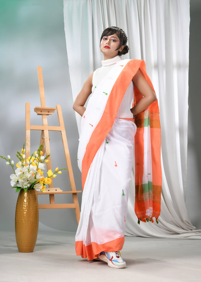 Women's Tri Color Pure Cotton Khadi Handloom Saree Mashal Design with Blouse Piece – Independence Day Special (Orange, White & Green)