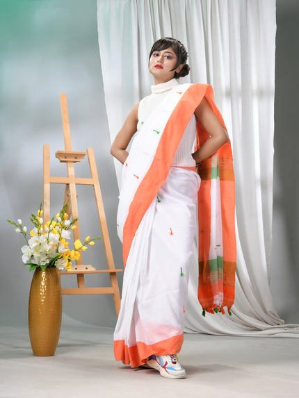 Women's Tri Color Pure Cotton Khadi Handloom Saree Mashal Design with Blouse Piece – Independence Day Special (Orange, White & Green)