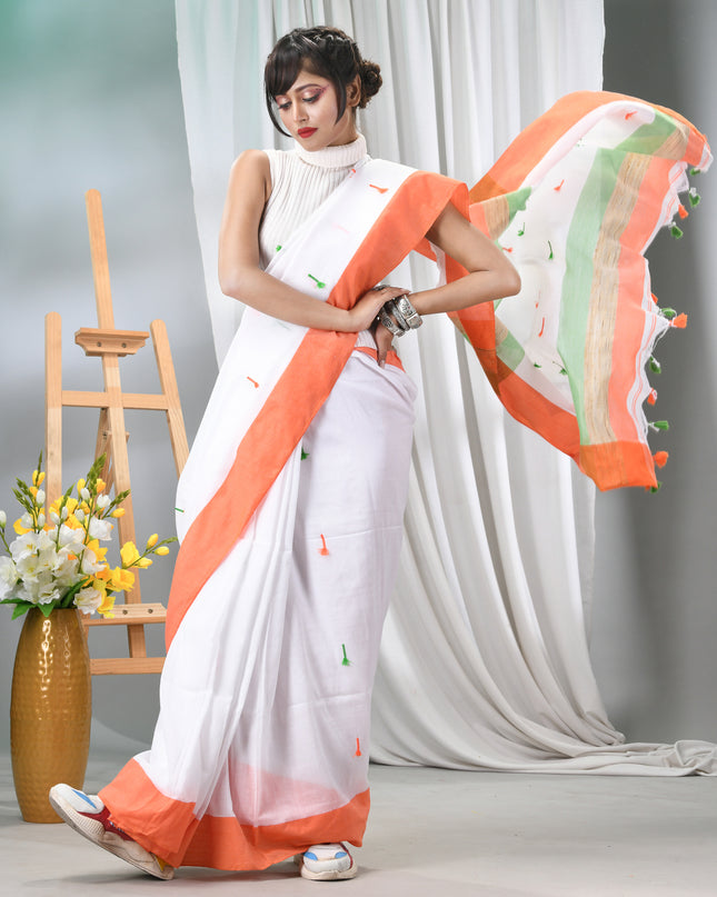 Women's Tri Color Pure Cotton Khadi Handloom Saree Mashal Design with Blouse Piece – Independence Day Special (Orange, White & Green)