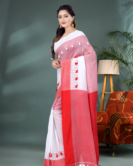 Red & White Pom Pom Design Bengali Tant Pure Cotton Saree for Women