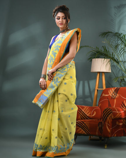 Yellow Pure Cotton Handloom Botanic Design Tant Saree (No Blouse Piece)