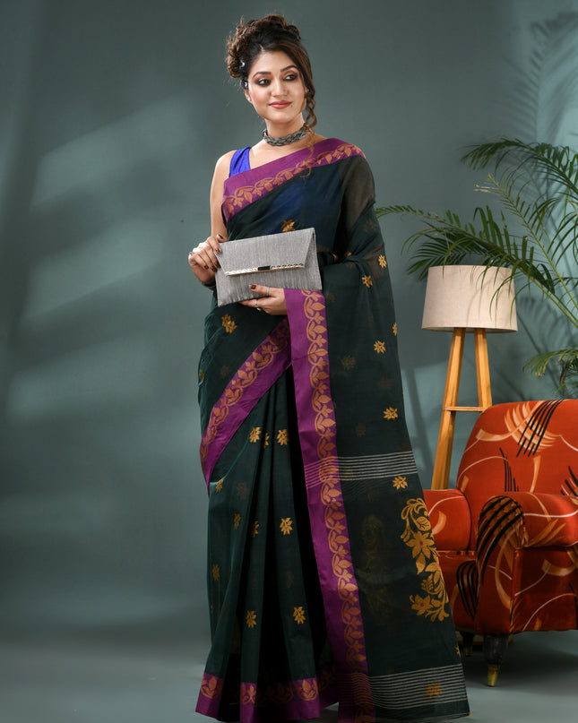 Women Cotton Handloom Tant Midnight Flora Design Saree – Dark Green