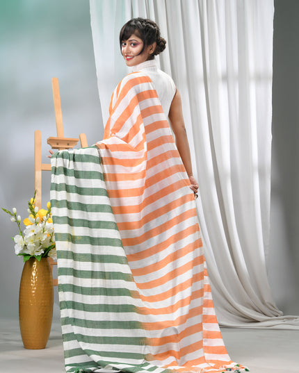 Women’s Tri-Color Tant Cotton Saree Stripe Design with Blouse Piece – Independence Day Edition