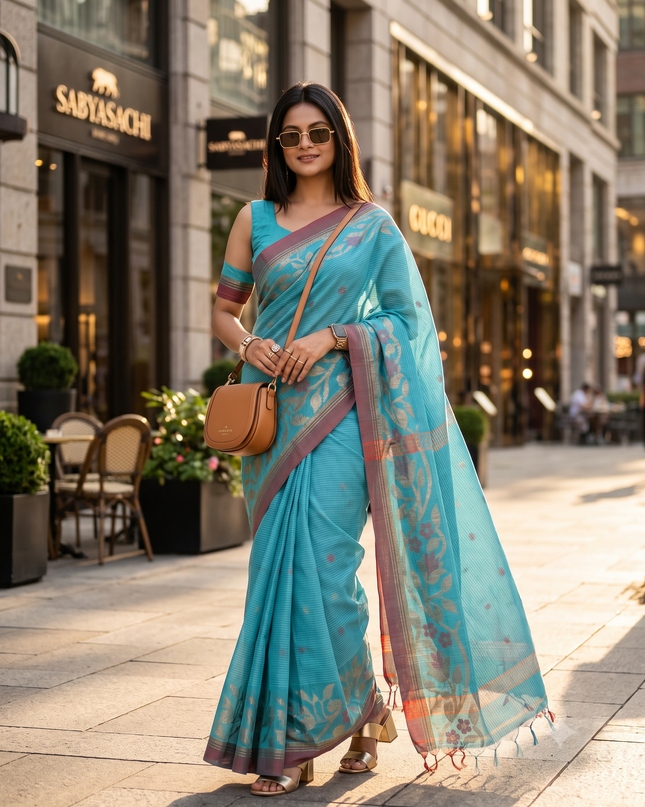 dB DESH BIDESH Women`s Cotton Silk Saree with Gold Zari Floral Woven Svarna Lata Design Soft Modal Silk Women Saree With Blouse Piece | Sari for women (Sky Blue)