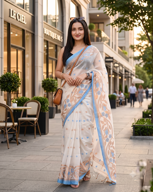 dB DESH BIDESH Women`s Cotton Silk Saree with Gold Zari Floral Woven Svarna Lata Design Soft Modal Silk Women Saree With Blouse Piece | Sari for women (White)