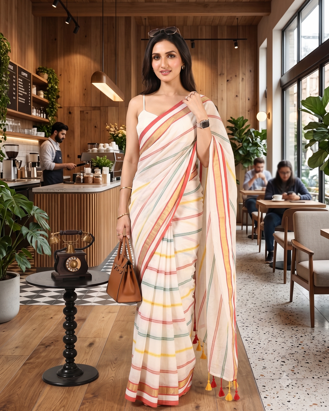 dB DESH BIDESH Women`s Cotton Linen Sarees for Woman Zari Trending New Cotton Swarnarekha Design Party, Wear White saree for woman Without Blouse Piece