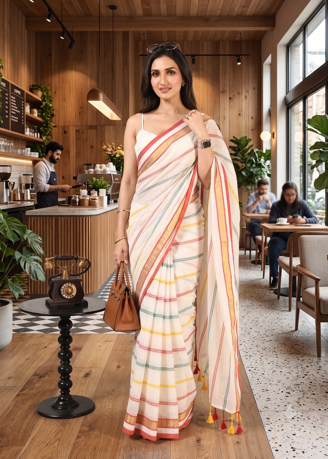 dB DESH BIDESH Women`s Cotton Linen Sarees for Woman Zari Trending New Cotton Swarnarekha Design Party, Wear White saree for woman Without Blouse Piece