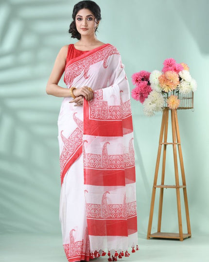 DESH BIDESH Elegant Paisley Printed Pure Cotton Saree with Solid Border