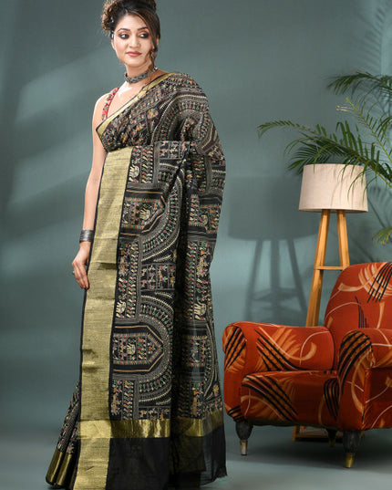 DESH BIDESH Warli Printed Bandhani Saree With Blouse Piece