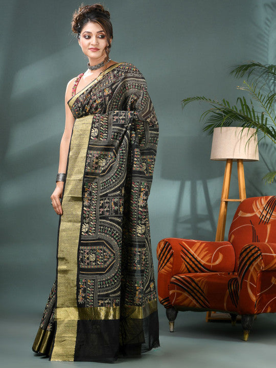 DESH BIDESH Warli Printed Bandhani Saree With Blouse Piece