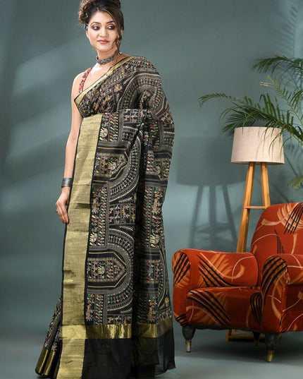 DESH BIDESH Warli Printed Bandhani Saree With Blouse Piece