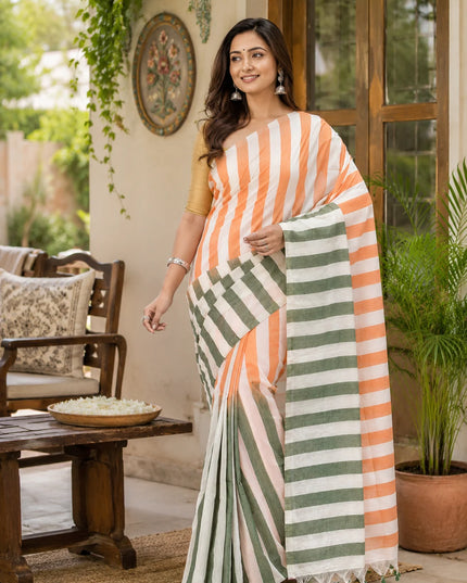 Women’s Tri-Color Tant Cotton Saree Stripe Design with Blouse Piece – Independence Day Edition