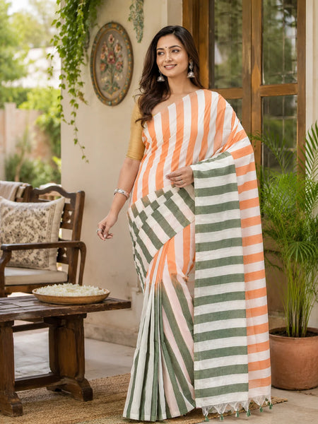 Women’s Tri-Color Tant Cotton Saree Stripe Design with Blouse Piece – Independence Day Edition