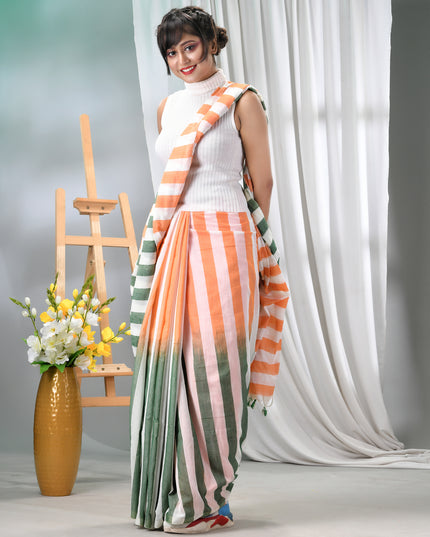 Women’s Tri-Color Tant Cotton Saree Stripe Design with Blouse Piece – Independence Day Edition