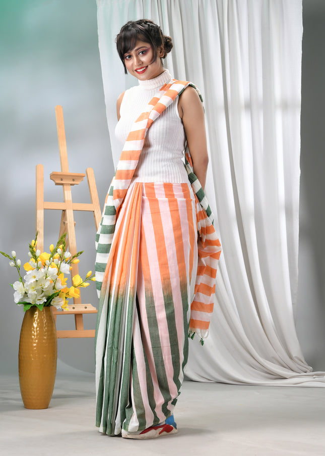 Women’s Tri-Color Tant Cotton Saree Stripe Design with Blouse Piece – Independence Day Edition