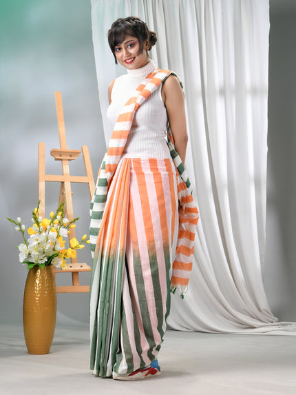 Women’s Tri-Color Tant Cotton Saree Stripe Design with Blouse Piece – Independence Day Edition