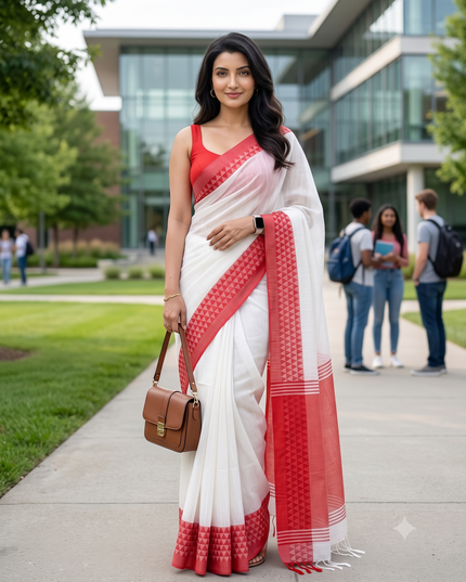 dB DESH BIDESH Women`s Silk Blend Woven Design Saree Templemala Lal Par Sada Sari Design New Soft Cotton Silk Red White Saree For Festival With Blouse Piece