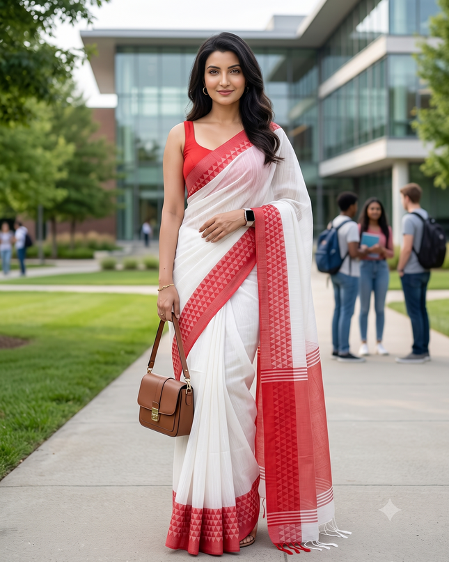 dB DESH BIDESH Women`s Silk Blend Woven Design Saree Templemala Lal Par Sada Sari Design New Soft Cotton Silk Red White Saree For Festival With Blouse Piece