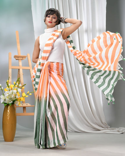 Women’s Tri-Color Tant Cotton Saree Stripe Design with Blouse Piece – Independence Day Edition