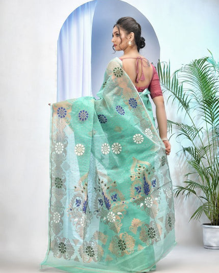 Exquisite Sea Green Pure Cotton Jamdani Saree with Elegant Woven Zari Design