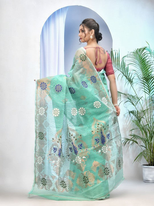 Exquisite Sea Green Pure Cotton Jamdani Saree with Elegant Woven Zari Design