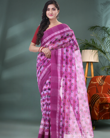 Women’s Bengal Tant Banphul Print Pure Handloom Cotton Saree – Without Blouse Piece