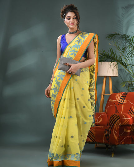 Yellow Pure Cotton Handloom Botanic Design Tant Saree (No Blouse Piece)