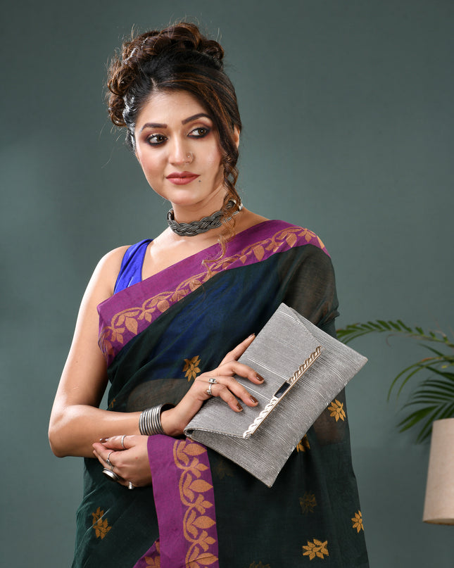 Women Cotton Handloom Tant Midnight Flora Design Saree – Dark Green