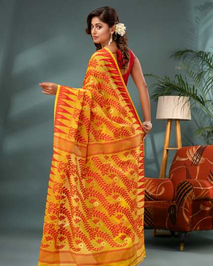 Multicolor Tamarind Leaf Dhakai Jamdani Cotton Saree Without Blouse Piece